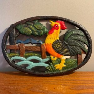 Cast Iron Painted Rooster Trivet with Colourful Farmyard Scene - Hot Pot Stand